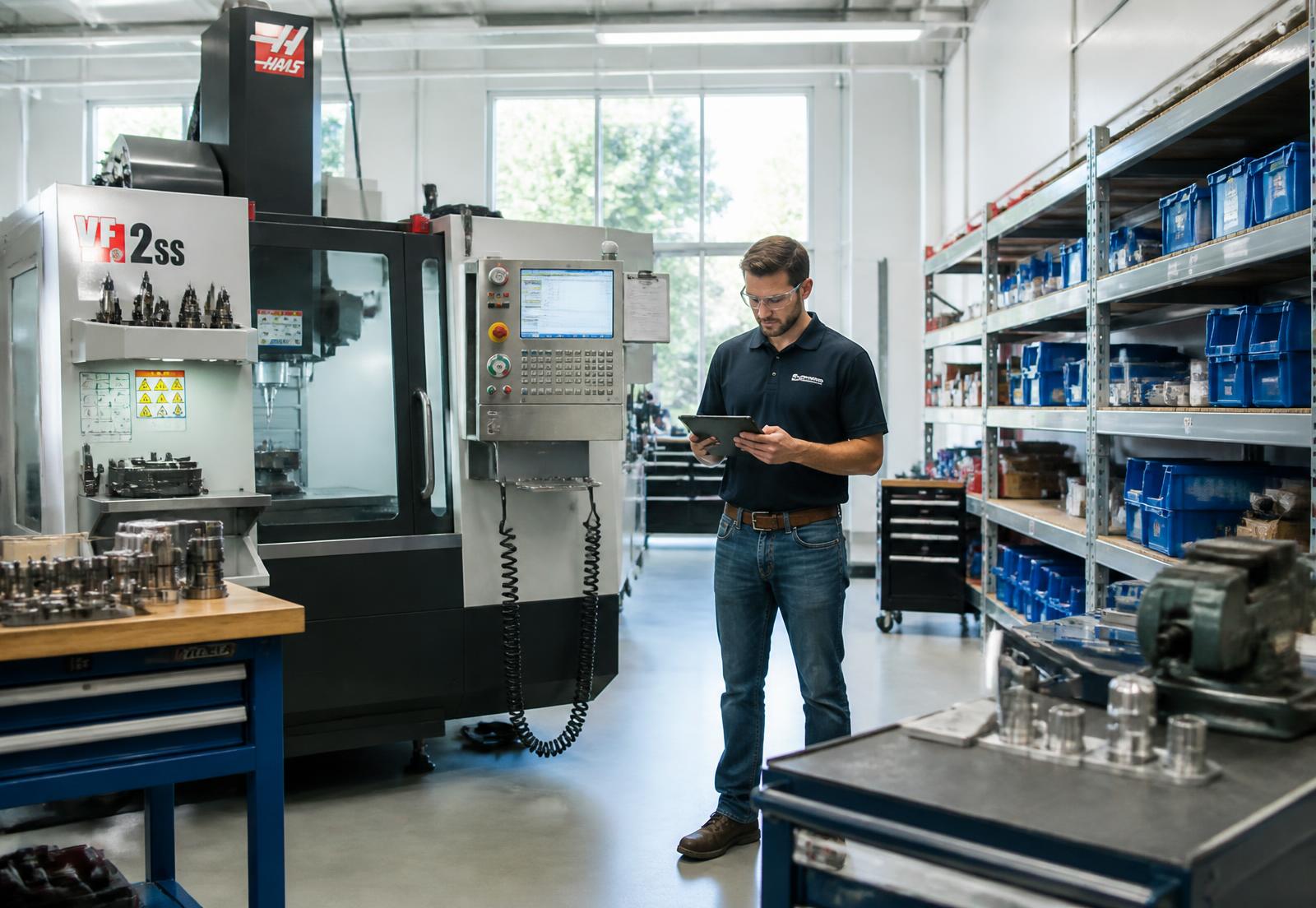 Technician reviewing production data on a tablet beside a CNC machining center and organized inventory racks